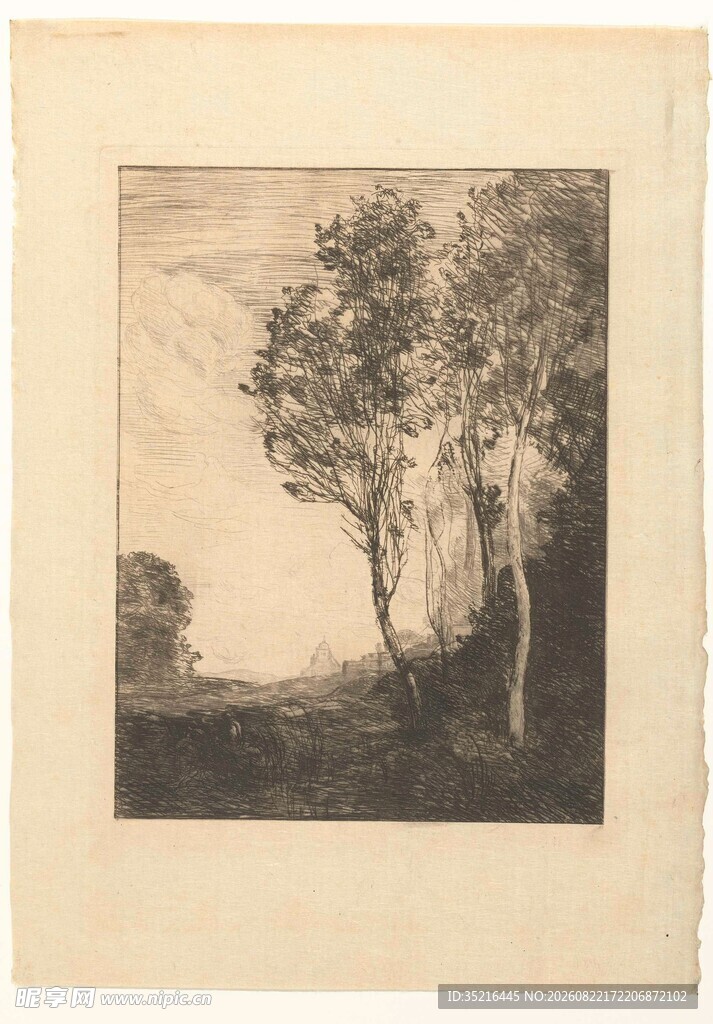 乡村树木风景素描图