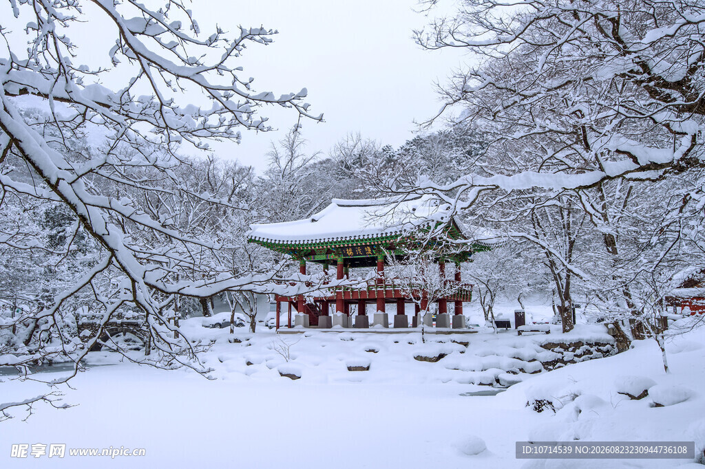 雪覆古亭山林静谧之景
