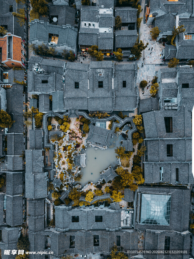 俯瞰城市建筑与植被景观