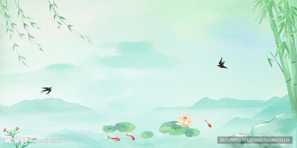 水墨风夏日荷塘飞鸟图