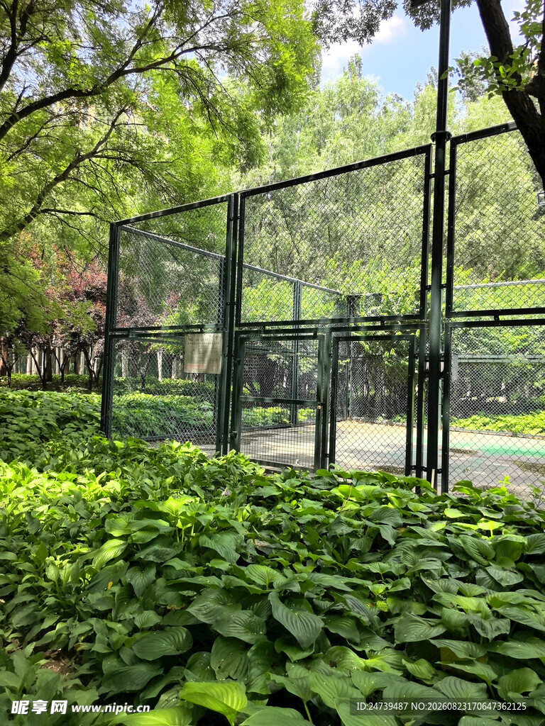 户外绿植环绕的金属围栏