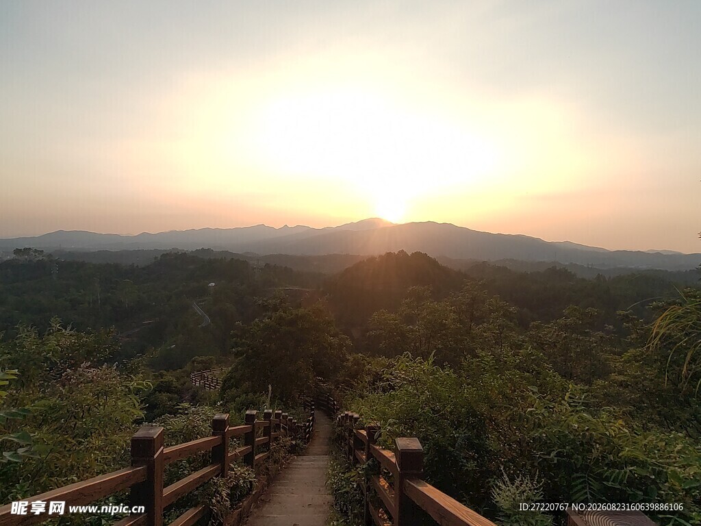 夕阳下的山间木质步道