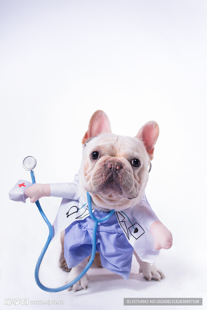 穿医生服的可爱法斗犬