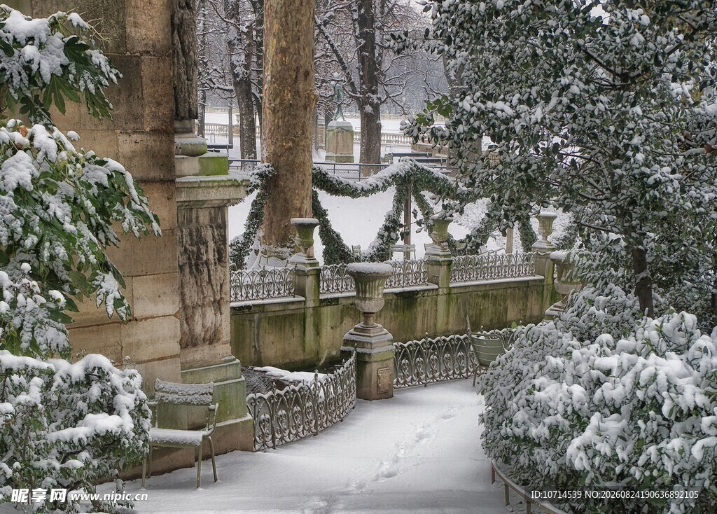 雪覆庭院景