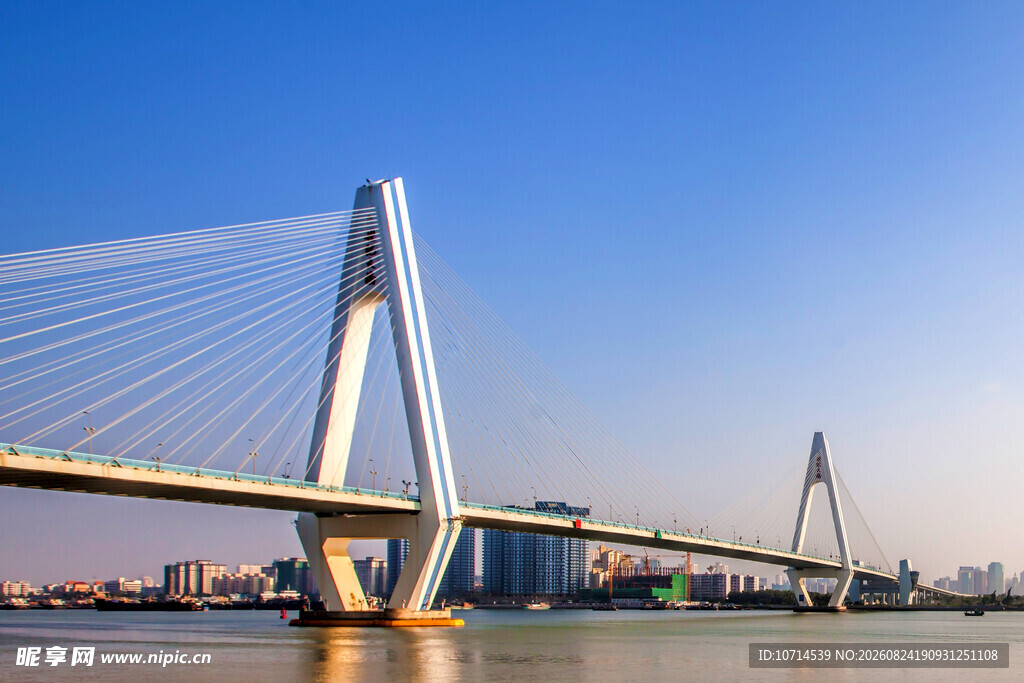 现代斜拉桥横跨江面美景