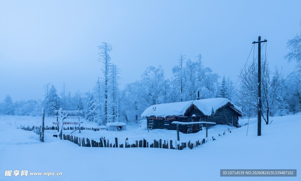 雪覆乡村小屋的静谧景象