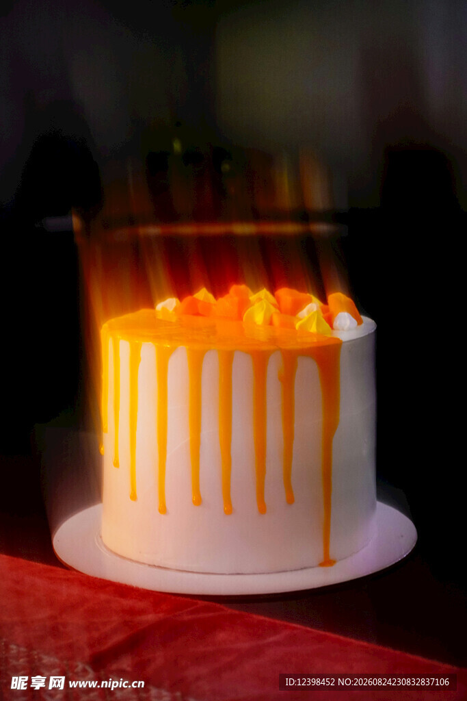 点燃蜡烛的精美生日蛋糕