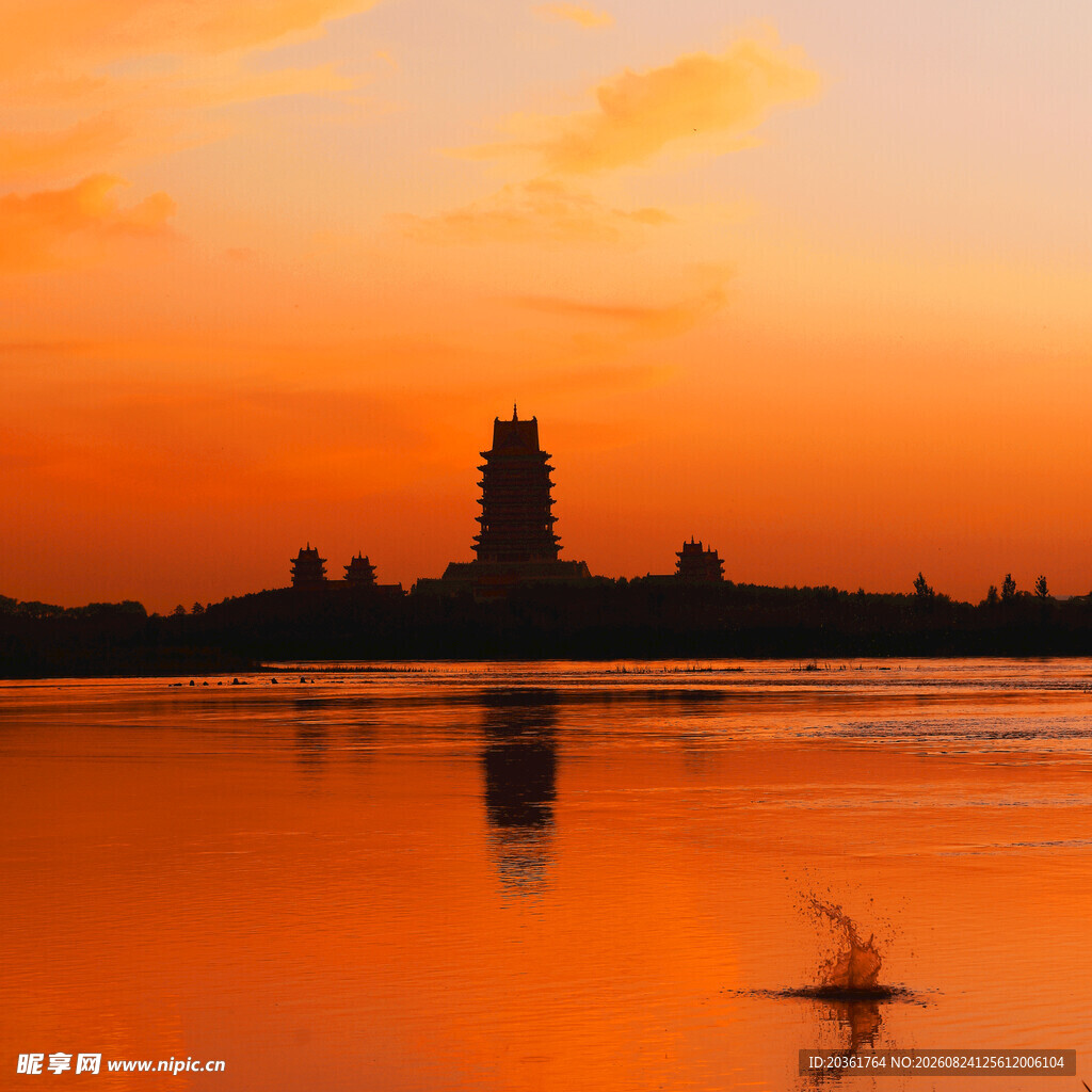 夕阳下湖面与飞鸟的美景