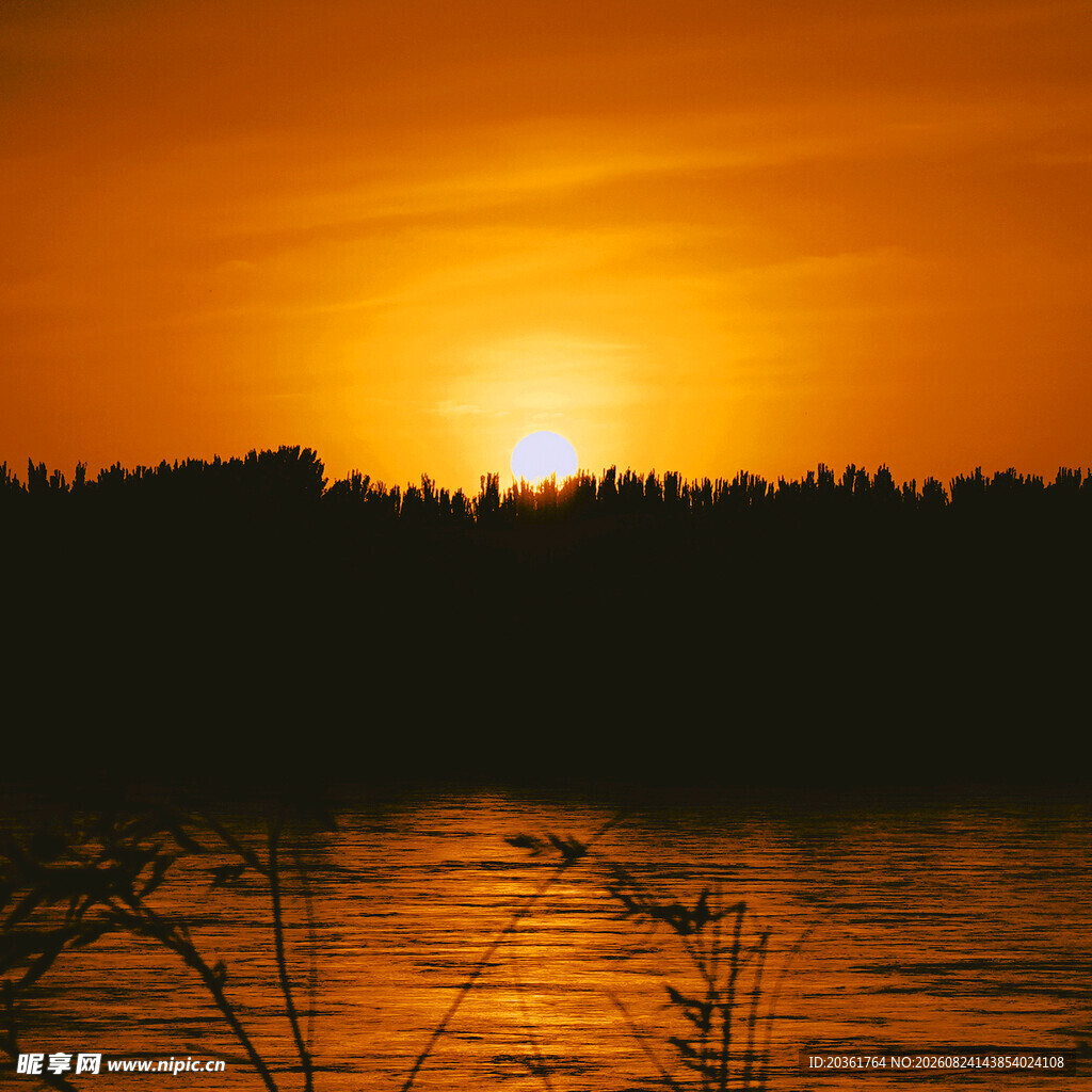 夕阳下湖畔的静谧美景
