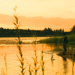 夕阳下湖畔的垂钓者