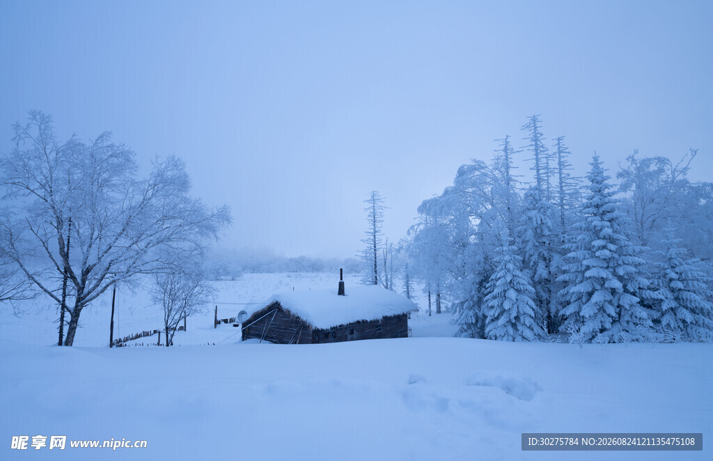 雪覆乡村小屋的静谧景象