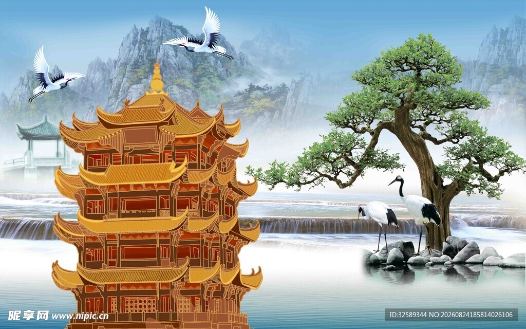 中式古风楼阁山水景致