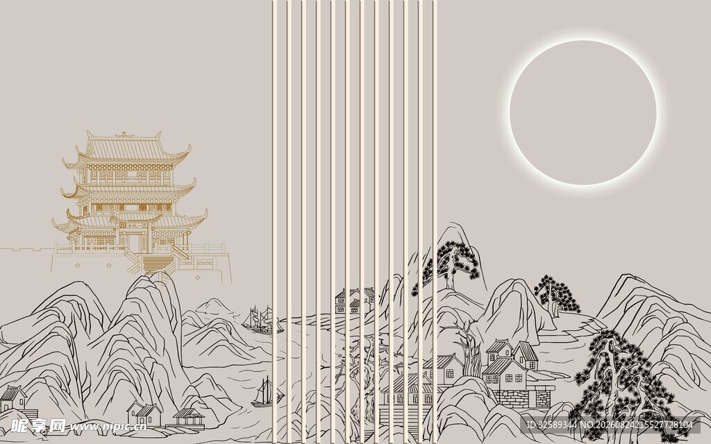 中式山水古建筑插画意境