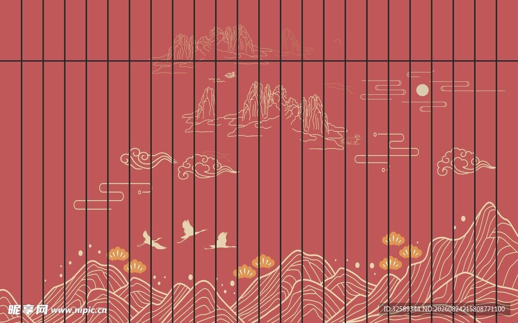 中式红底山水飞鸟装饰图
