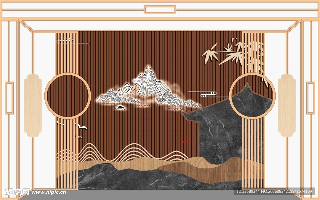 中式山水屏风装饰画