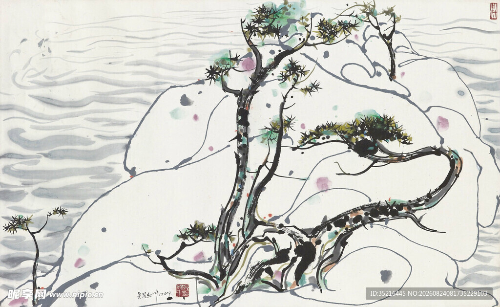 水墨雪景中的灵动花枝
