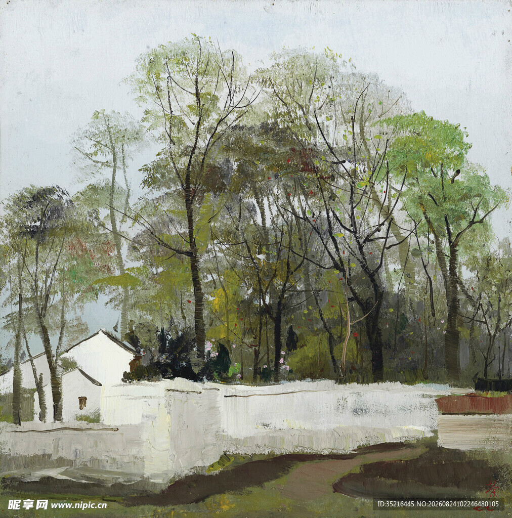 乡村林间白墙小屋风景图