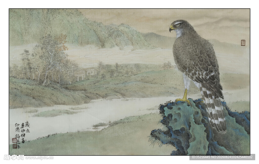 鹰立山石间的中式画作