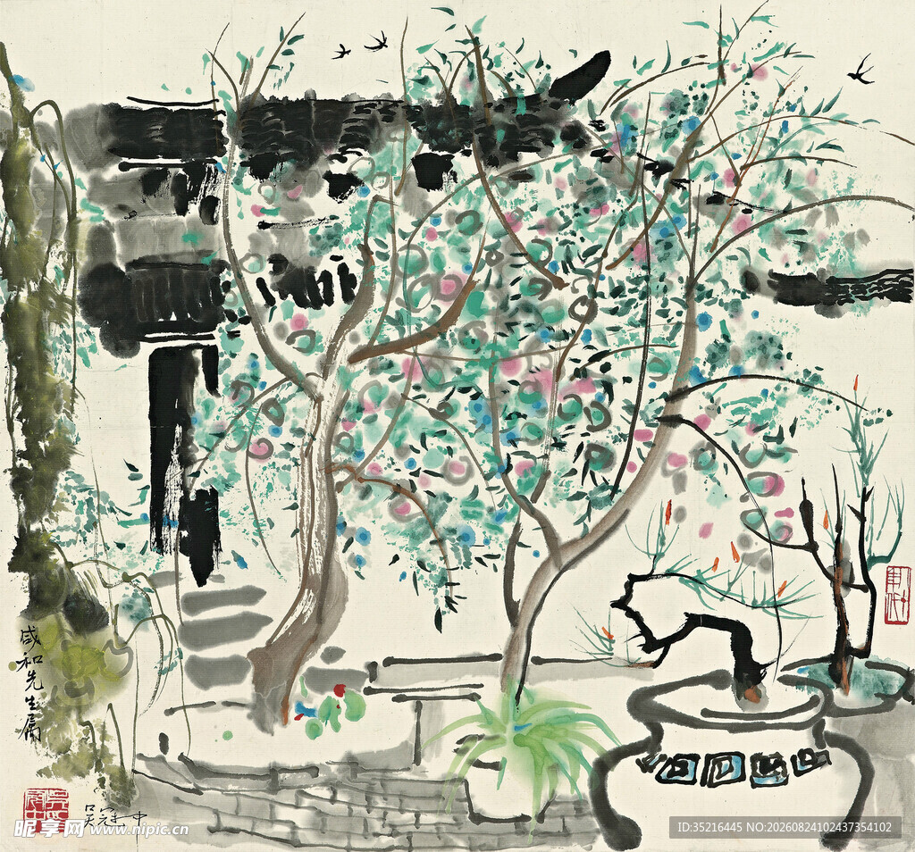中式庭院繁花老树景致