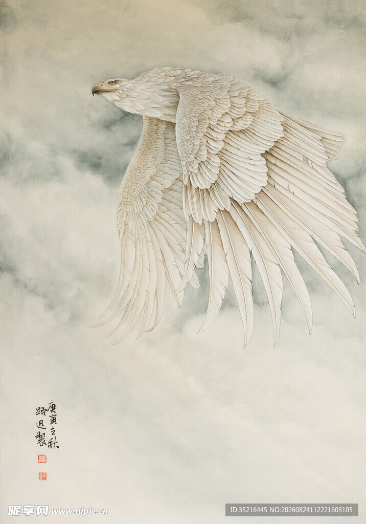 水墨风格展翅翱翔的白鹰