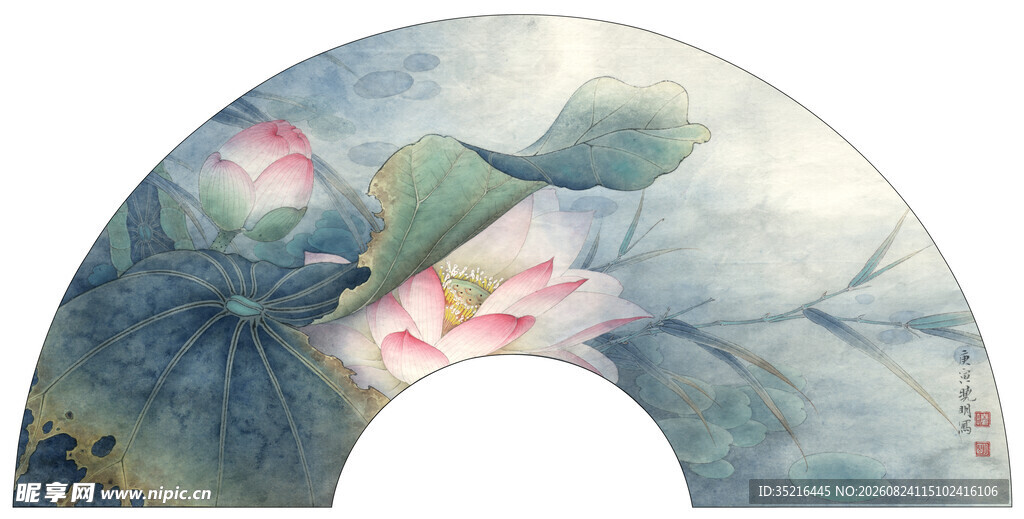 水墨荷花扇形国画作品