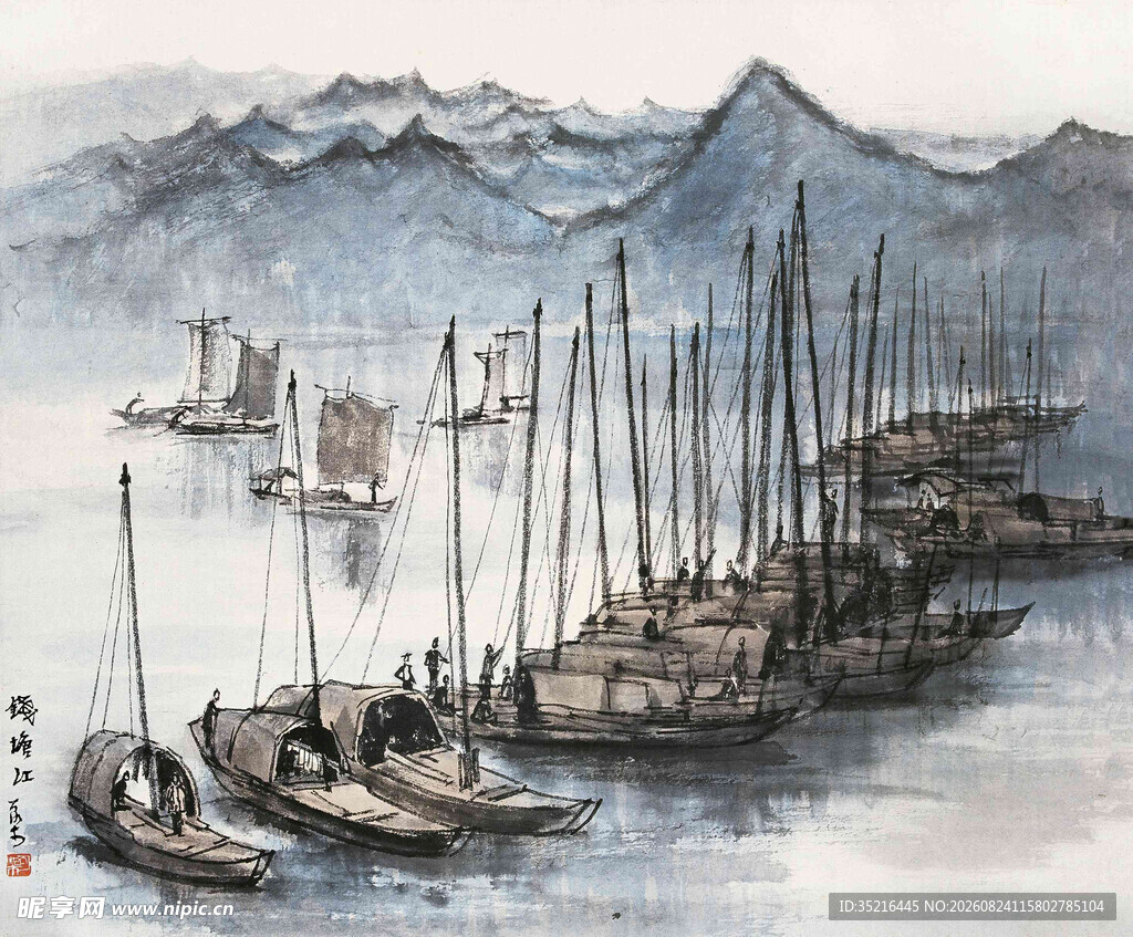水墨山水间的帆船景致