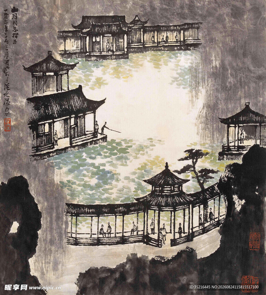 水墨古风亭台楼阁景观图