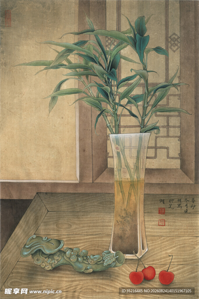 中式花瓶绿植静物摆拍