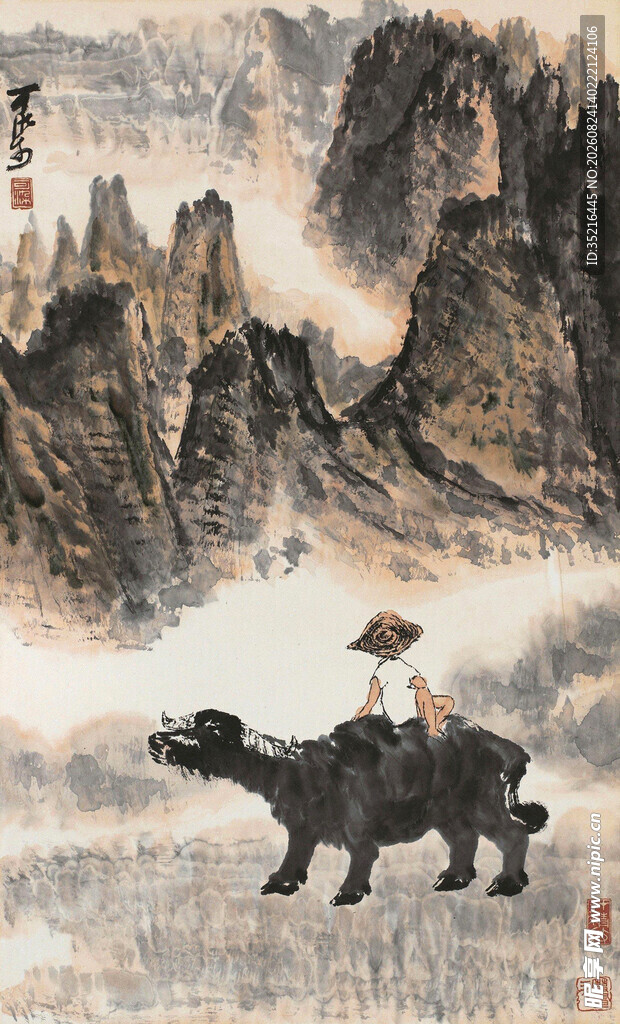 骑牛老者于山水间悠然