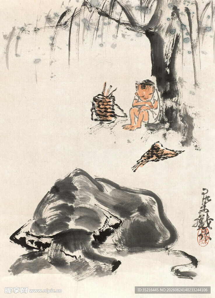 水墨山水间的闲适场景