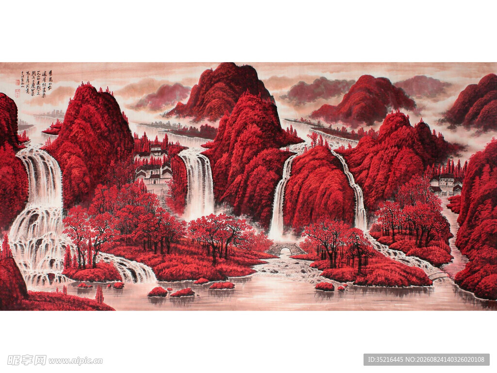 红色山水国画景观