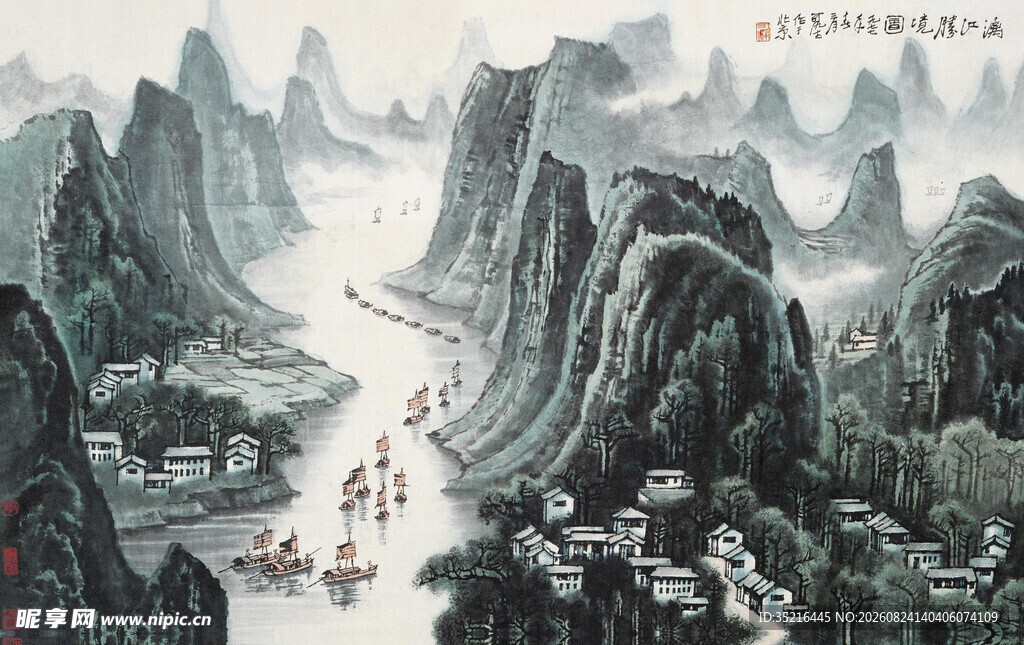 水墨山水间的江上行舟图