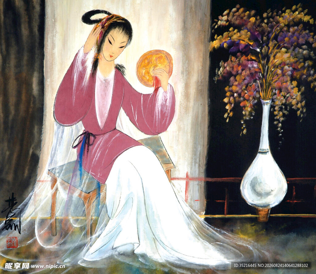 古典美人持镜优雅姿态
