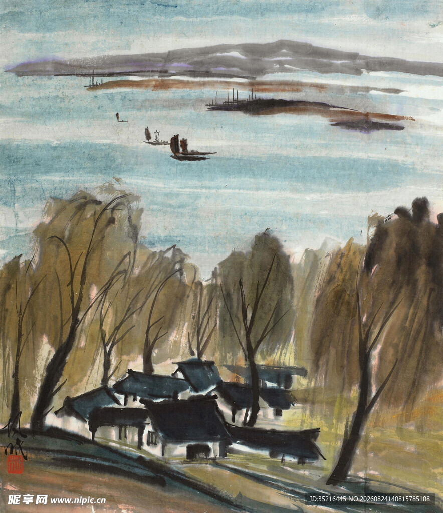 湖畔村落风景油画