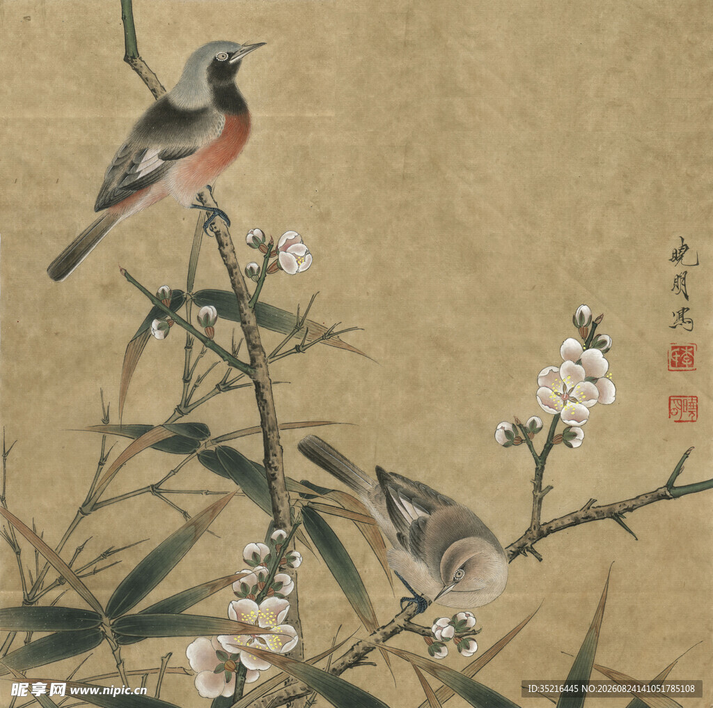 古画中栖息花枝的双鸟