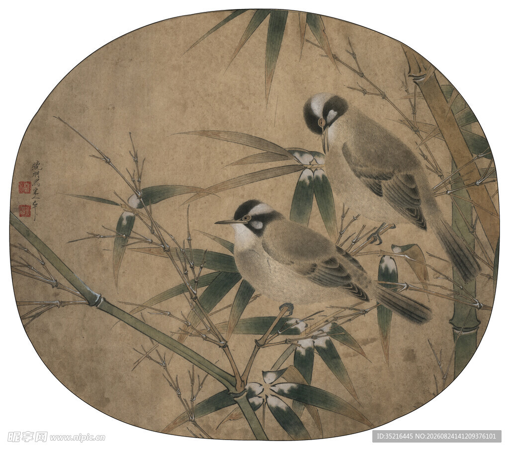 古画中双鸟栖于竹枝间