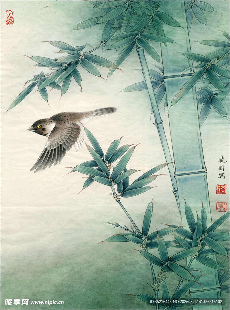 竹间飞鸟图