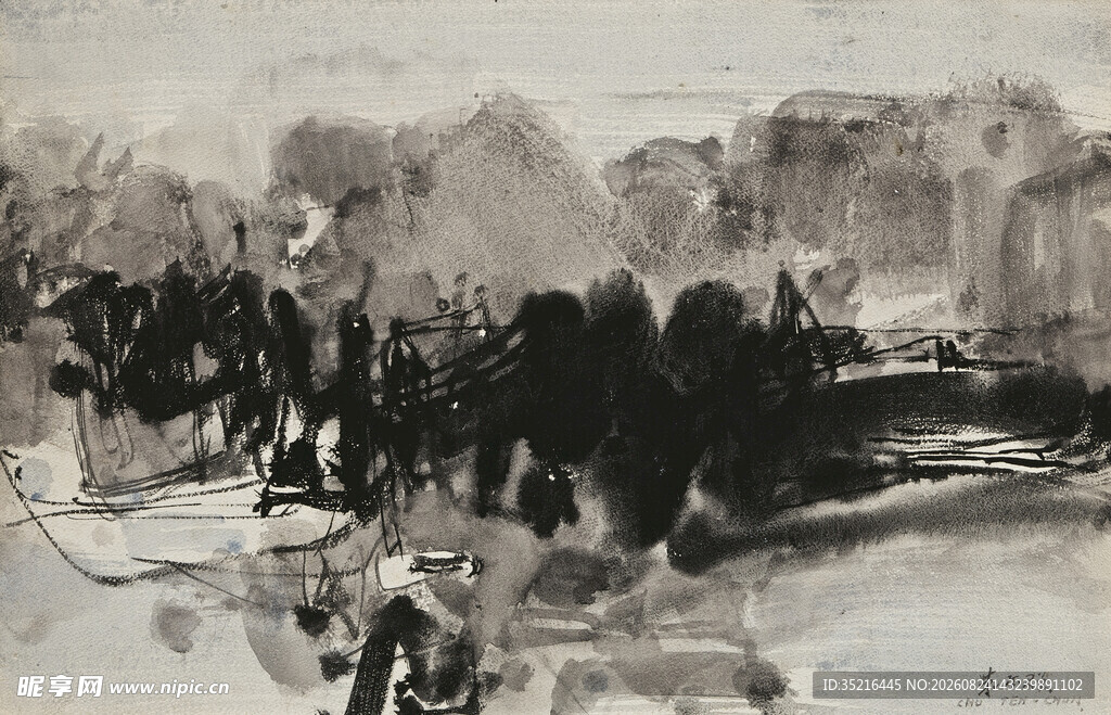 黑白群像场景绘画