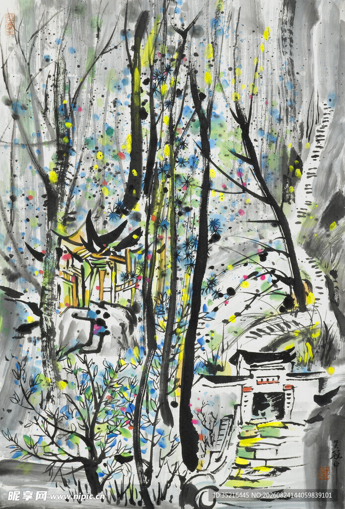 水墨写意树林景观图