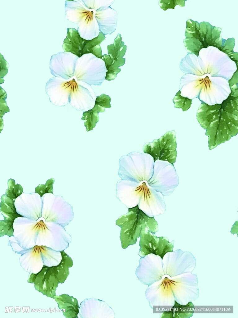淡蓝背景白花绿叶图案