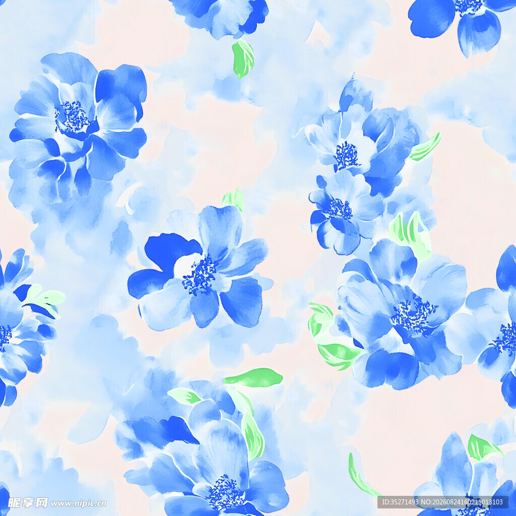 蓝花水彩风无缝图案背景