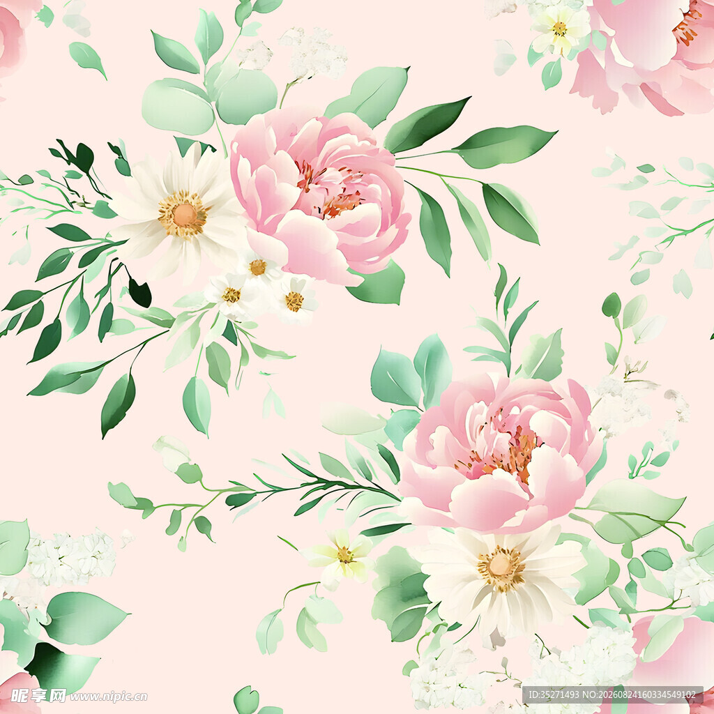 粉色花卉绿叶无缝图案