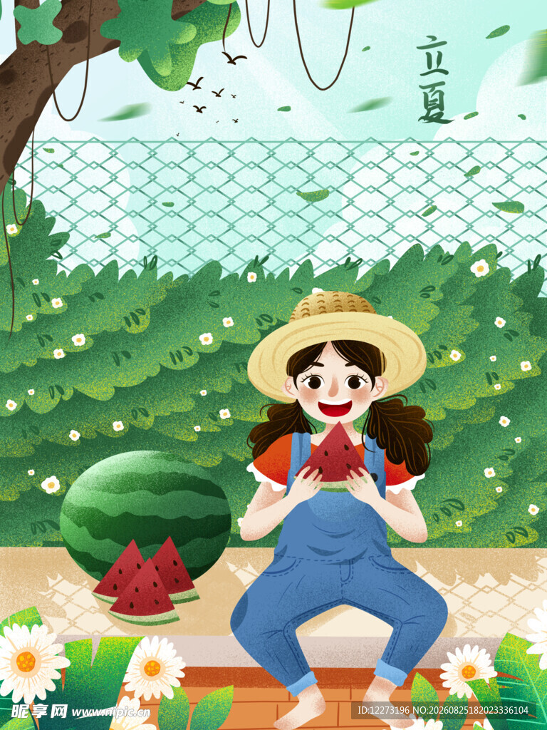 田园风女孩与西瓜场景插画