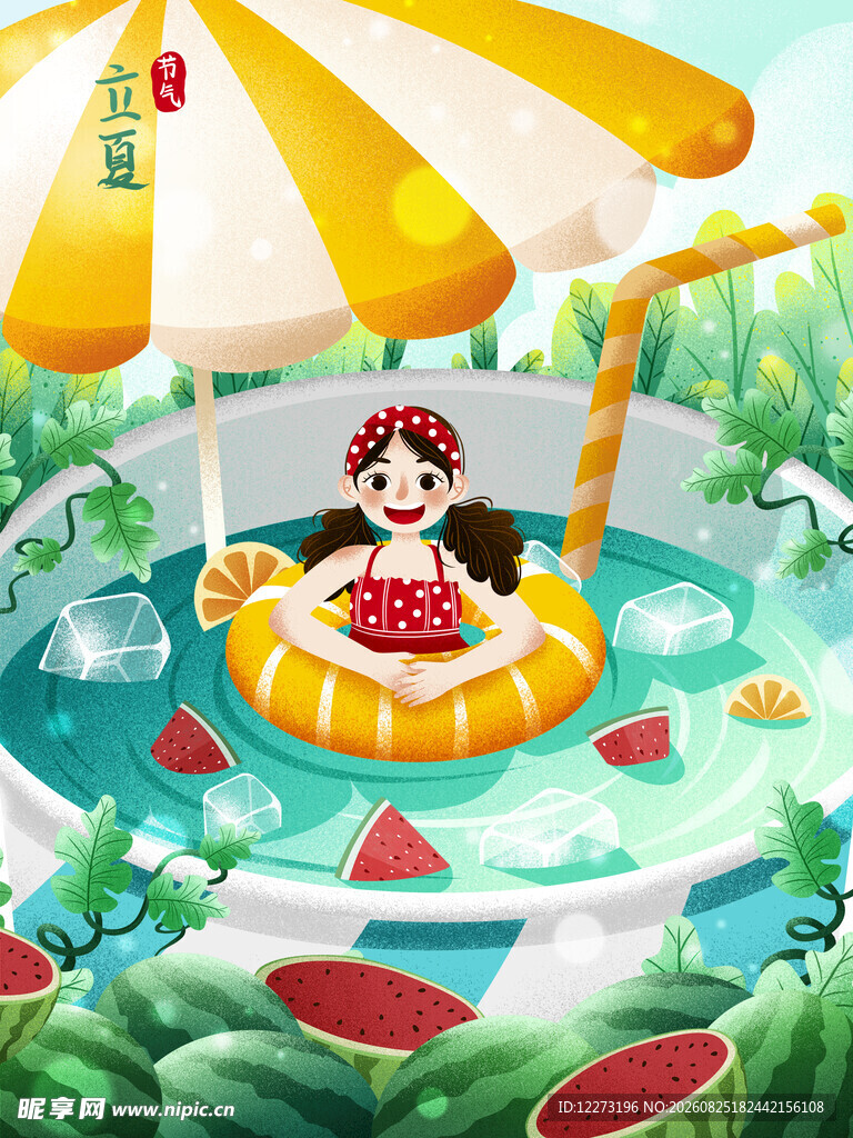 女孩泳池惬意夏日时光