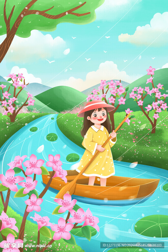 女孩泛舟于繁花溪流间