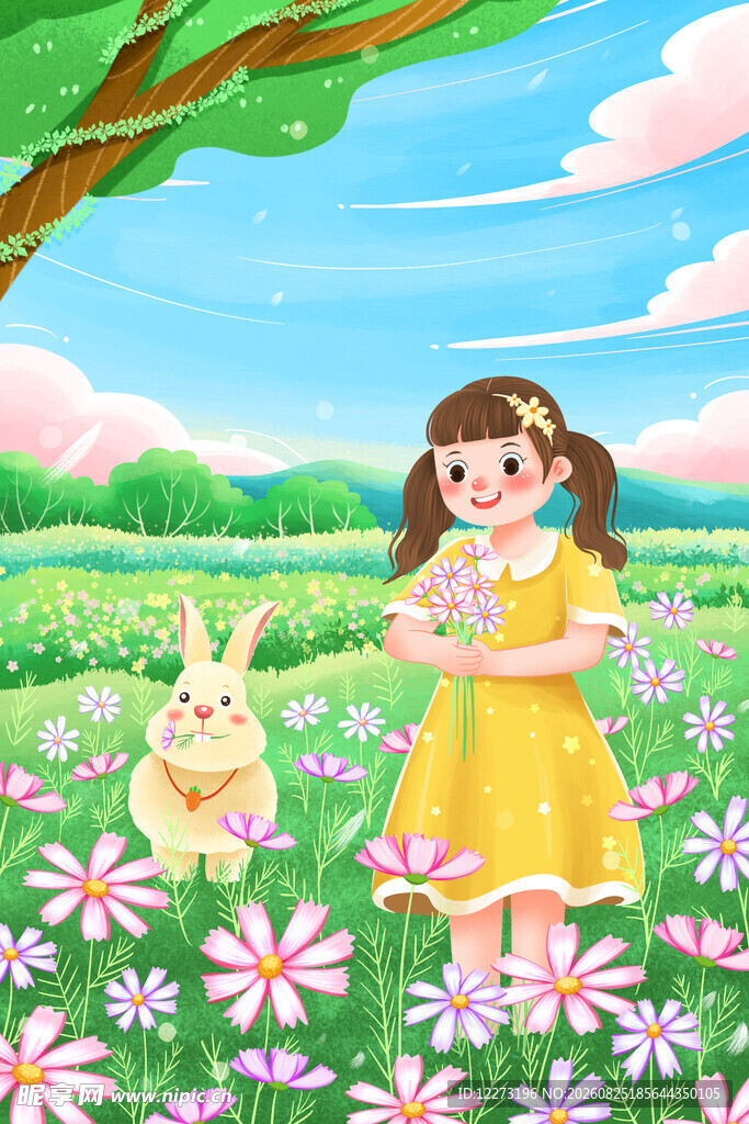 女孩与小兔在烂漫花田