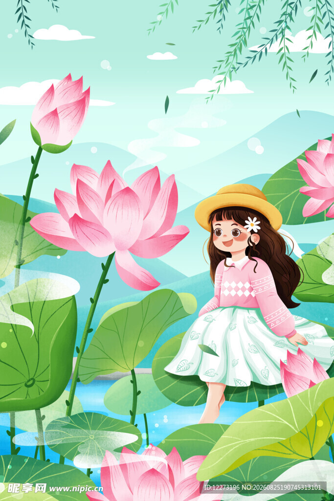 女孩赏荷于夏日荷塘