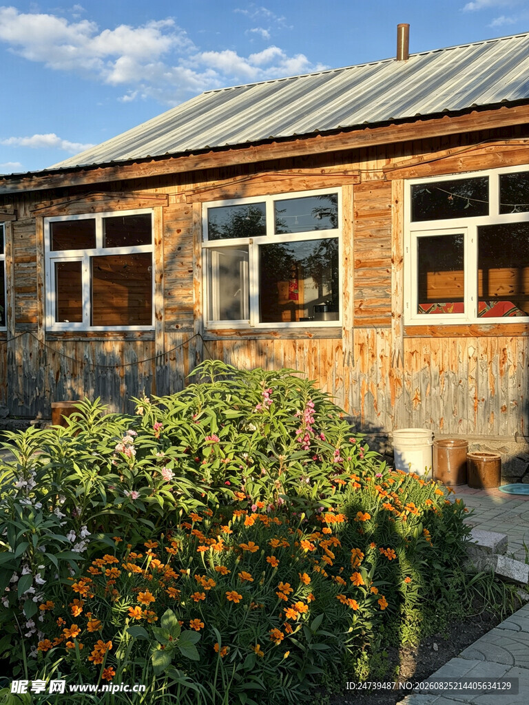 乡村小屋旁的多彩绿植