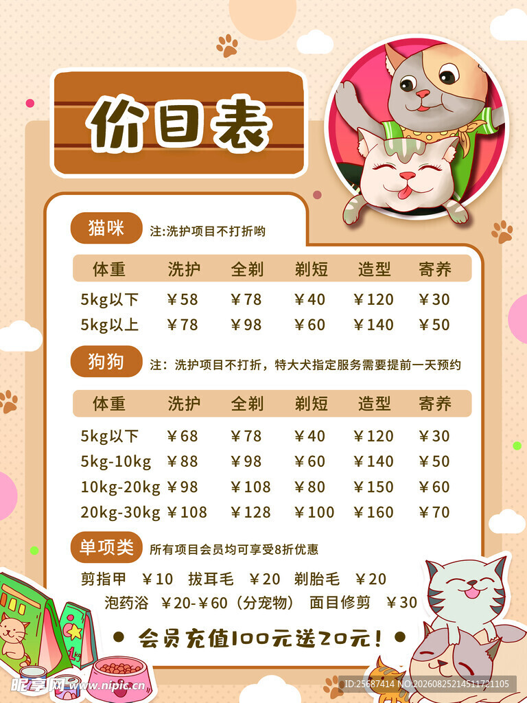 宠物店洗护价目表