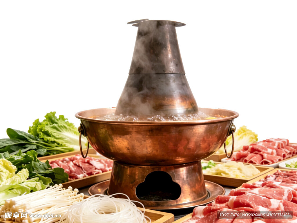 传统铜火锅丰盛涮菜食材